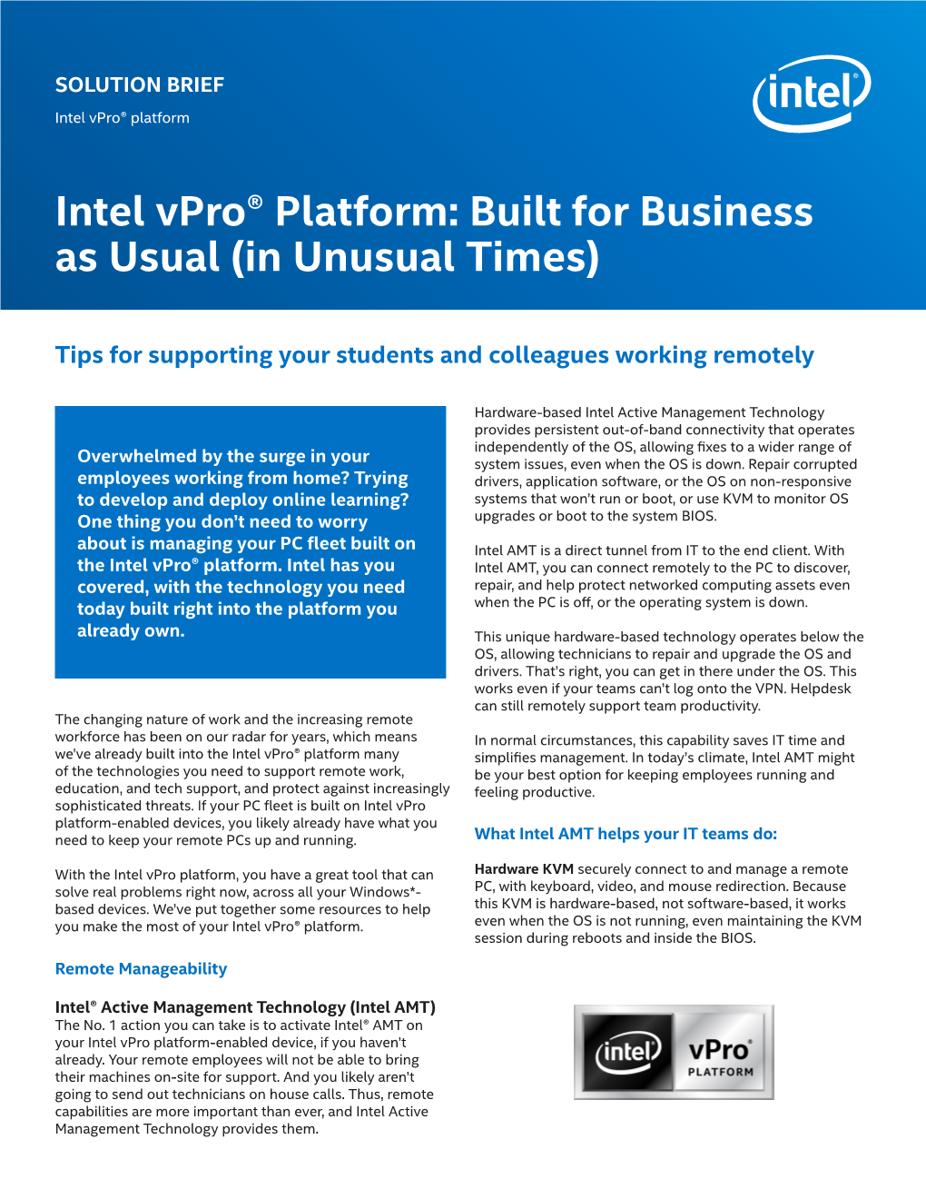 Intel Vpro® Platform: Built for Business As Usual (In Unusual Times)