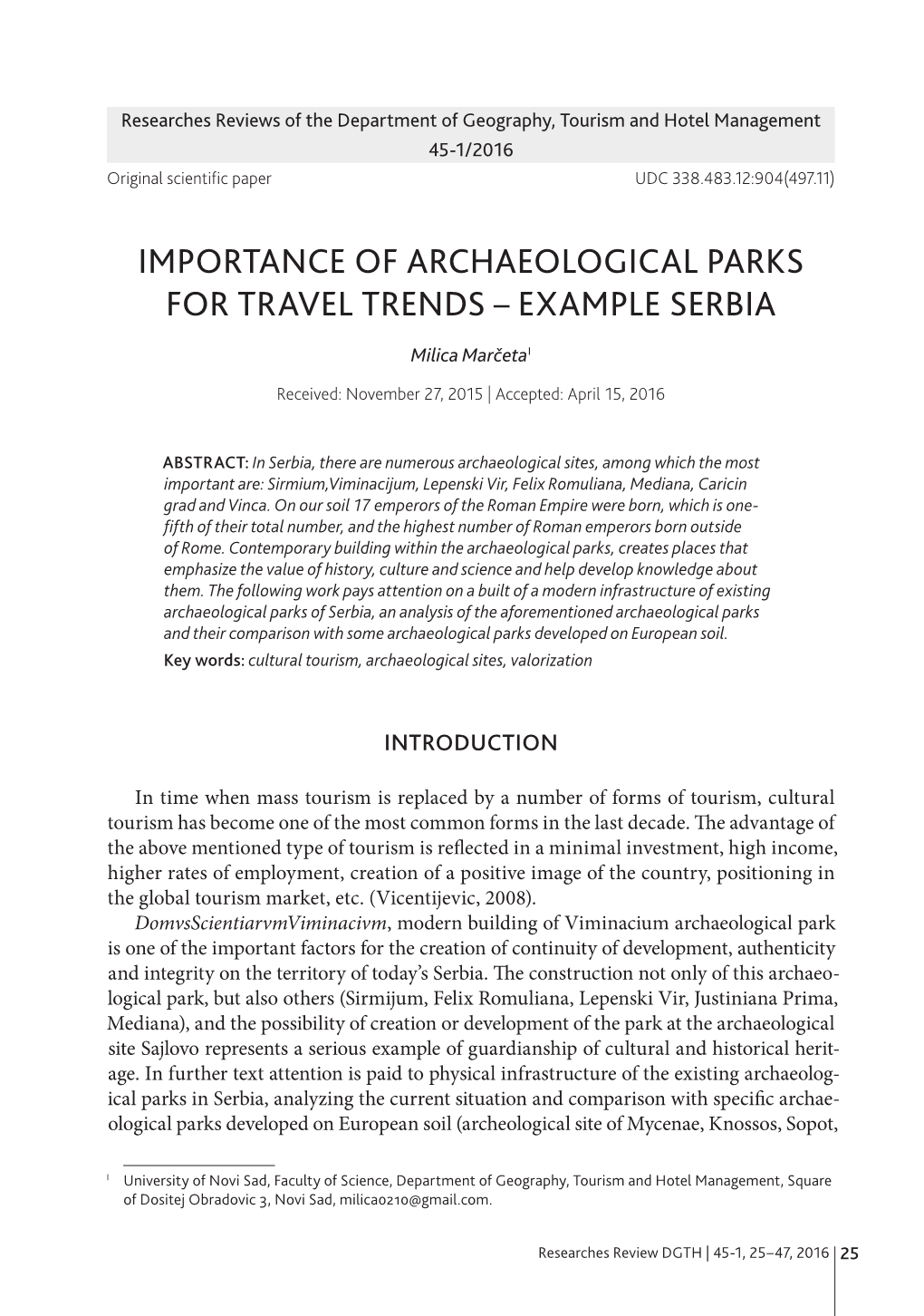 Importance of Archaeological Parks for Travel Trends – Example Serbia