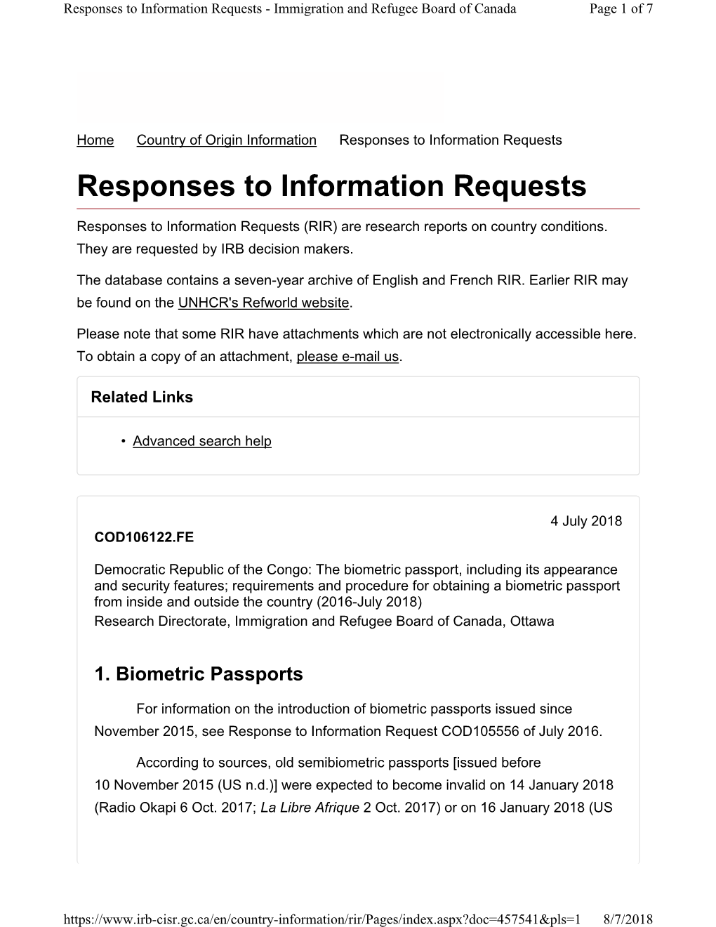 Responses to Information Requests - Immigration and Refugee Board of Canada Page 1 of 7