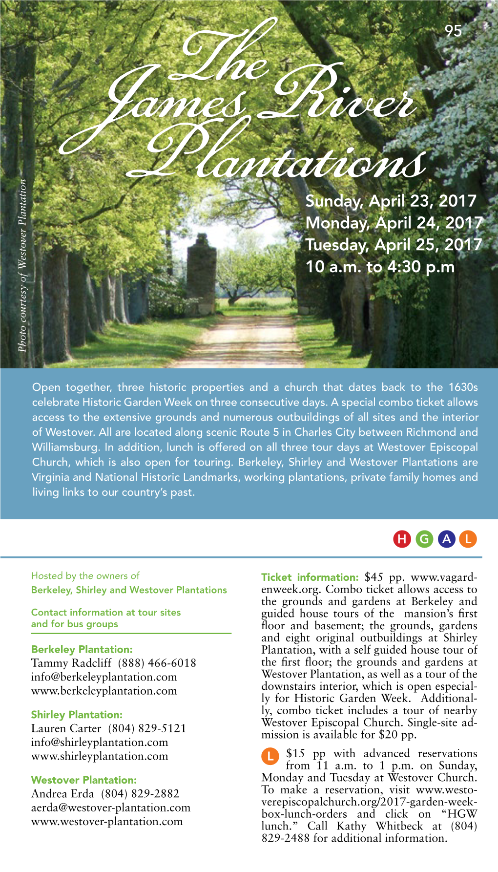 The James River Plantationssunday, April 23, 2017 Monday, April 24, 2017 Tuesday, April 25, 2017 10 A.M