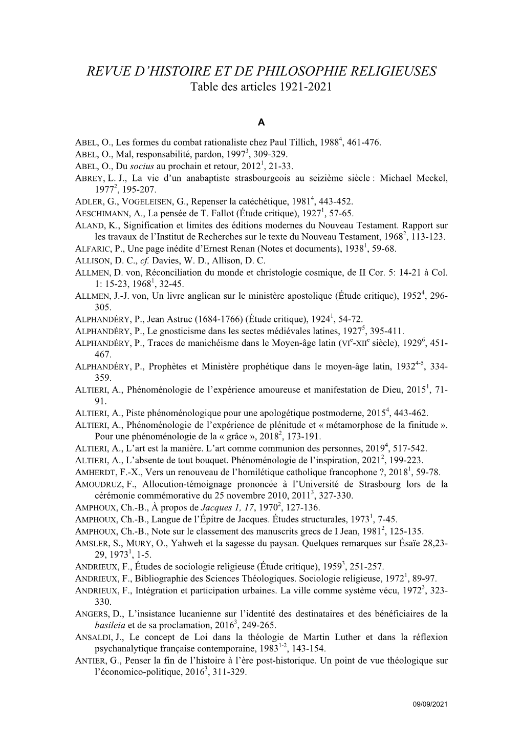 Cumulative Table of Articles