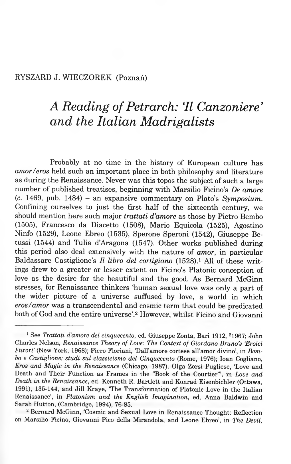 A Reading of Petrarch: II Canzoniere ' and the Italian Madrigalists