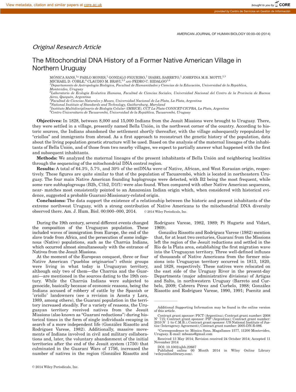 The Mitochondrial DNA History of a Former Native American Village in Northern Uruguay