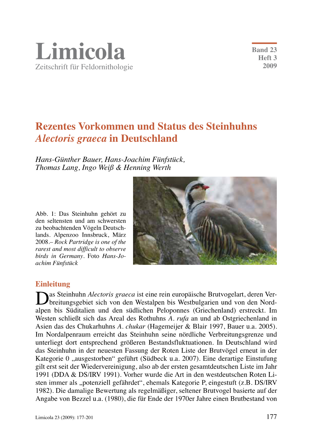 Hans-Günther Bauer U.A. (2009): Rezentes Vorkommen Und Status Des Steinhuhns Alectoris Graeca in Deutschland