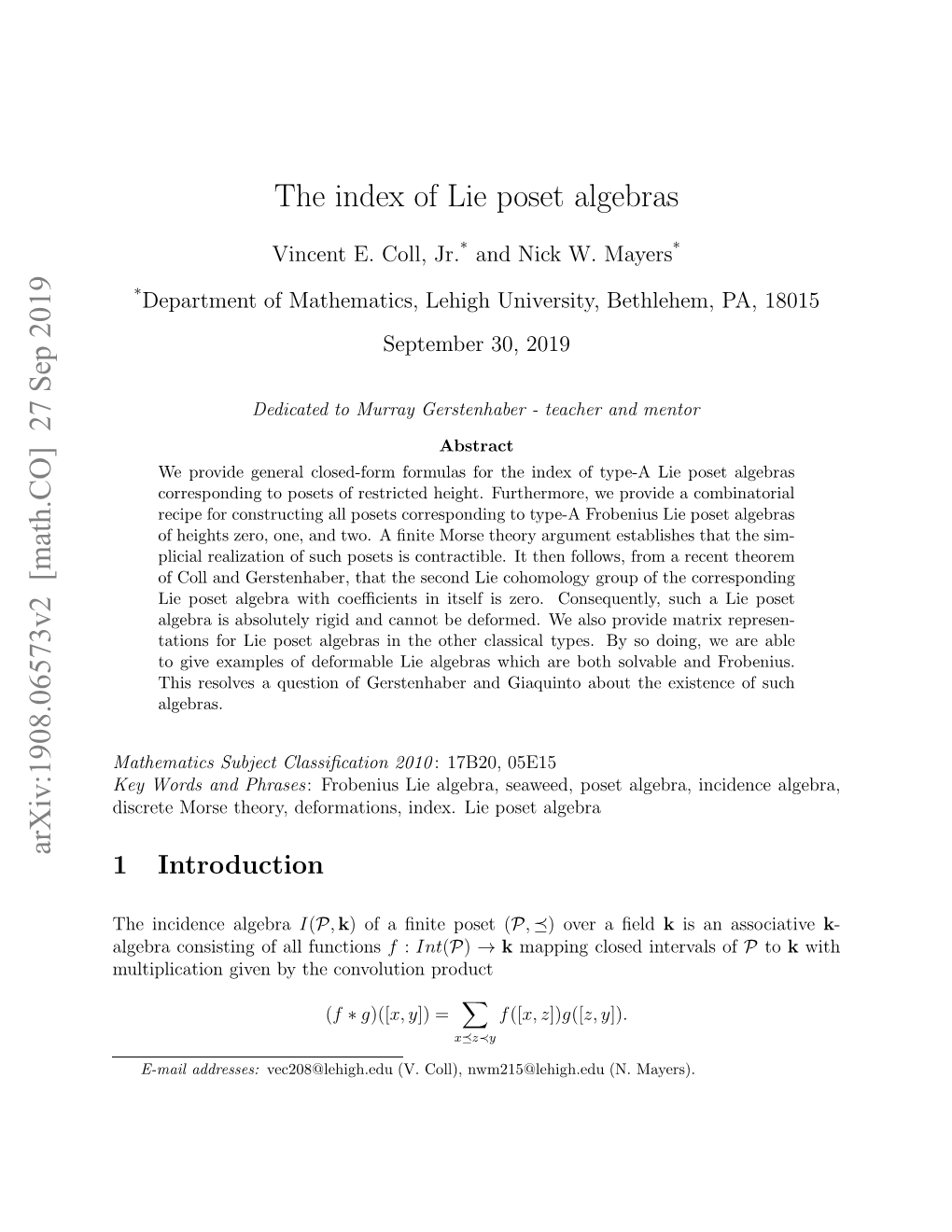 The Index of Lie Poset Algebras” at Lehigh University [28]