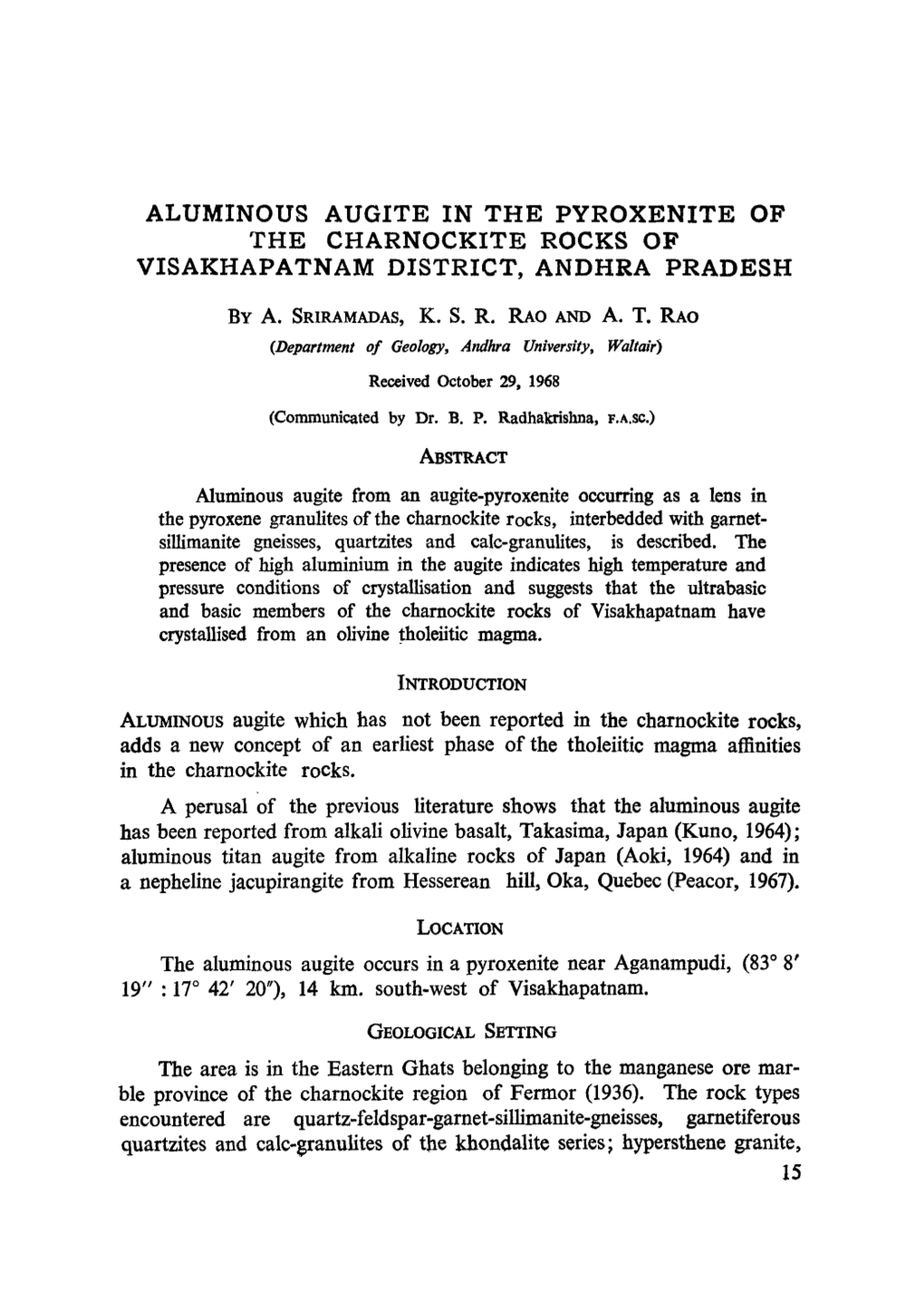 Aluminous Augite in the Pyroxenite of the Charnockite Rocks of Visakhapatnam District, Andhra Pradesh