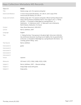 Hays Collection Metadata MS Records