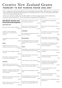 Creative New Zealand Grants FEBRUARY to MAY FUNDING ROUND 2006-2007