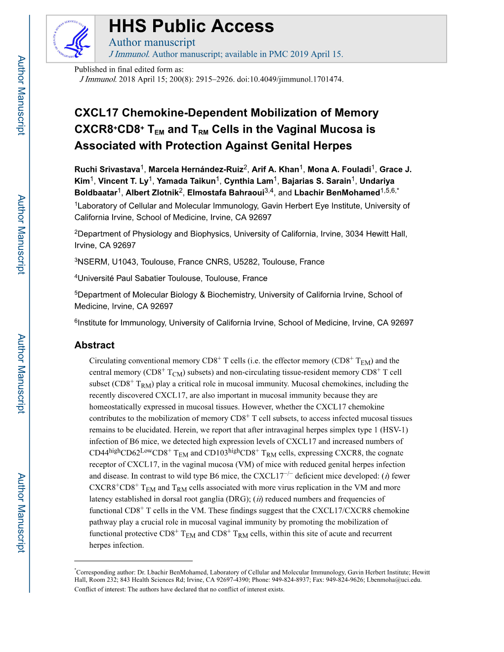 CXCL17 Chemokine-Dependent Mobilization of Memory CXCR8+