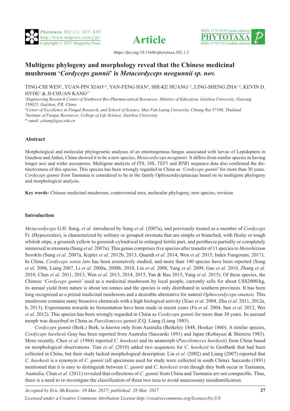 'Cordyceps Gunnii' Is Metacordyceps Neogunnii