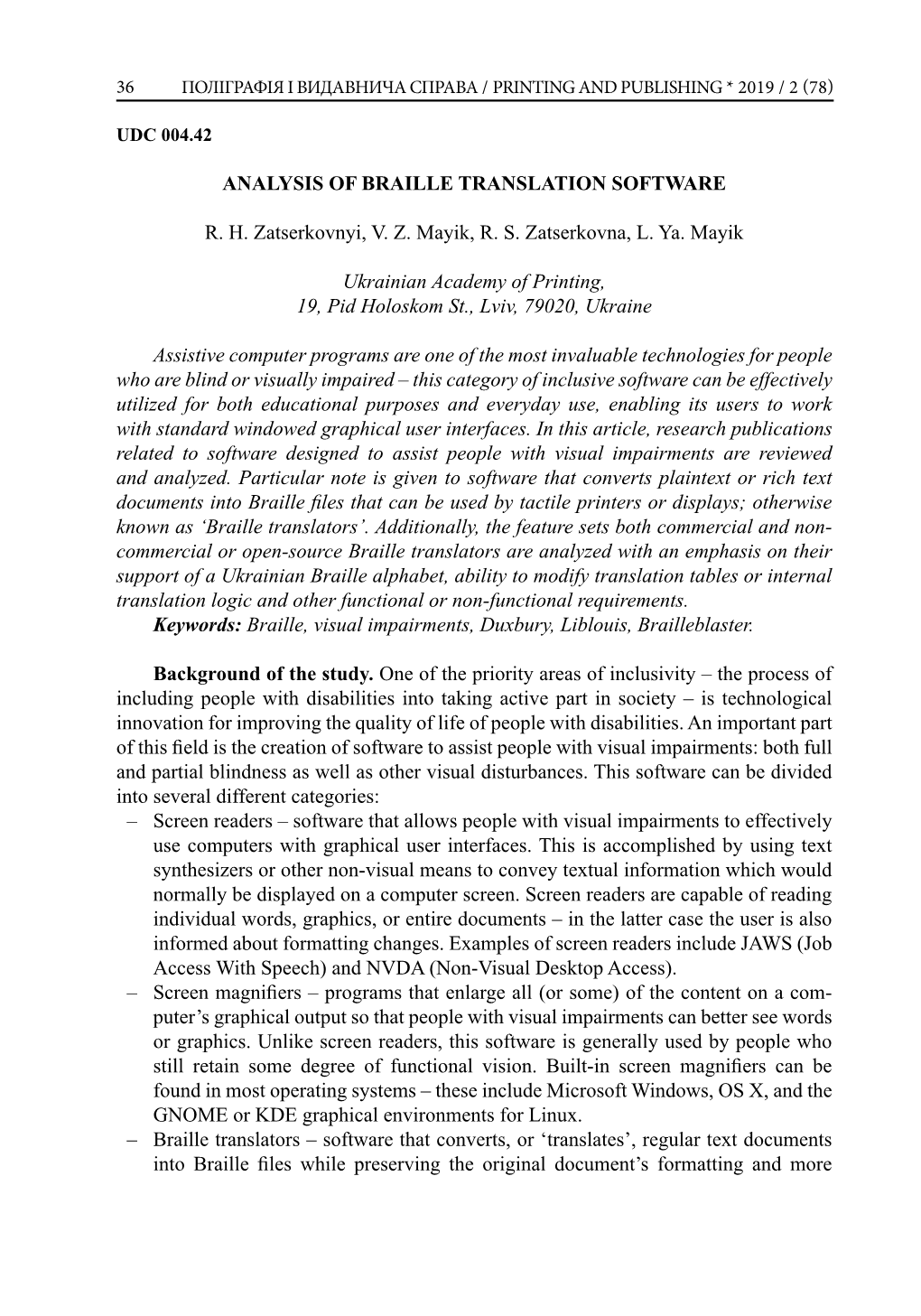 Analysis of Braille Translation Software R. H