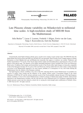 Late Pliocene Climate Variability on Milankovitch to Millennial Time Scales: a High-Resolution Study of MIS100 from the Mediterranean