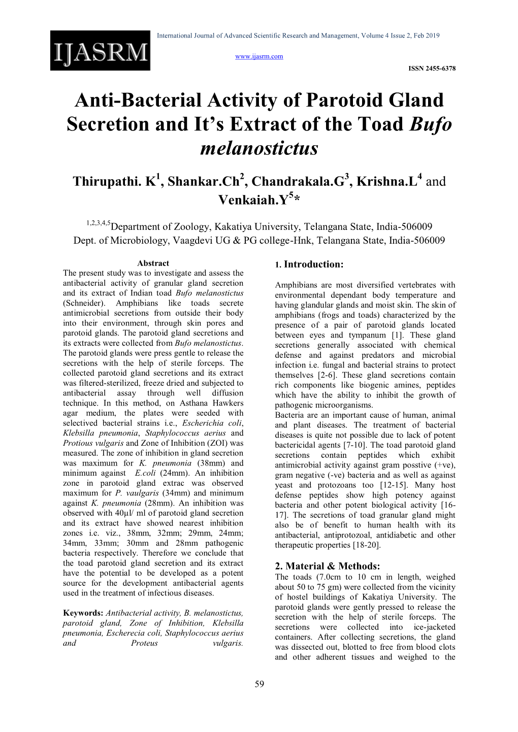 Anti-Bacterial Activity of Parotoid Gland Secretion and It's