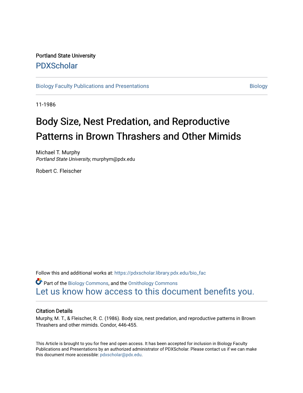 Body Size, Nest Predation, and Reproductive Patterns in Brown Thrashers and Other Mimids