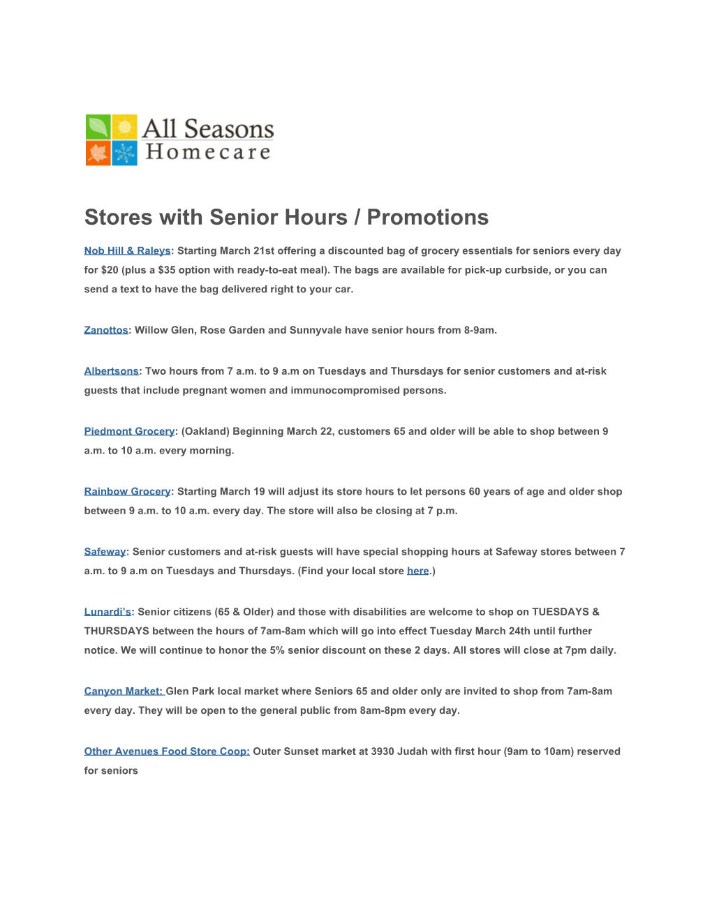 Stores with Senior Hours / Promotions