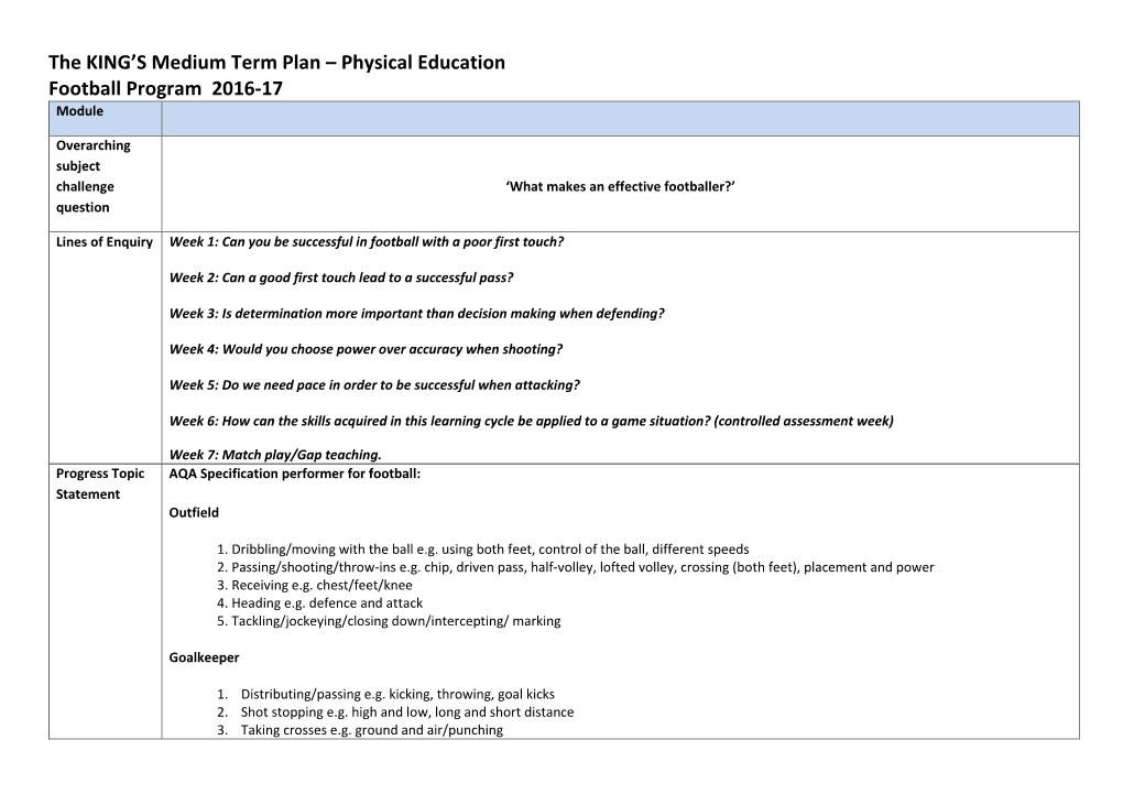 The KING's Medium Term Plan – Physical Education Football