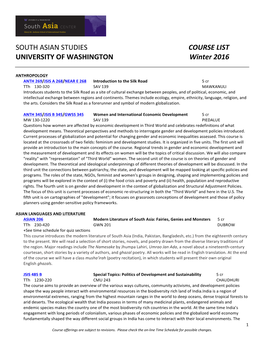 SOUTH ASIAN STUDIES COURSE LIST UNIVERSITY of WASHINGTON Winter 2016