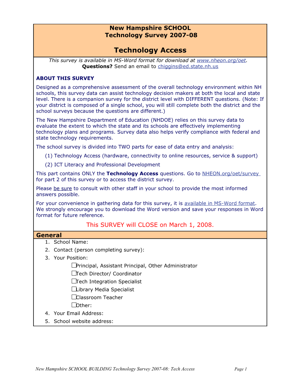 New Hampshire SCHOOL Schoolschool Technology Survey 2007-08 Technology Access