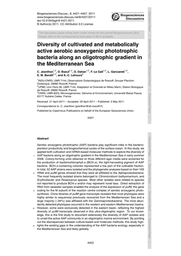 Diversity of Cultivated and Metabolically Active Aerobic Anoxygenic Phototrophic Bacteria Along an Oligotrophic Gradientthe in Mediterranean Sea C