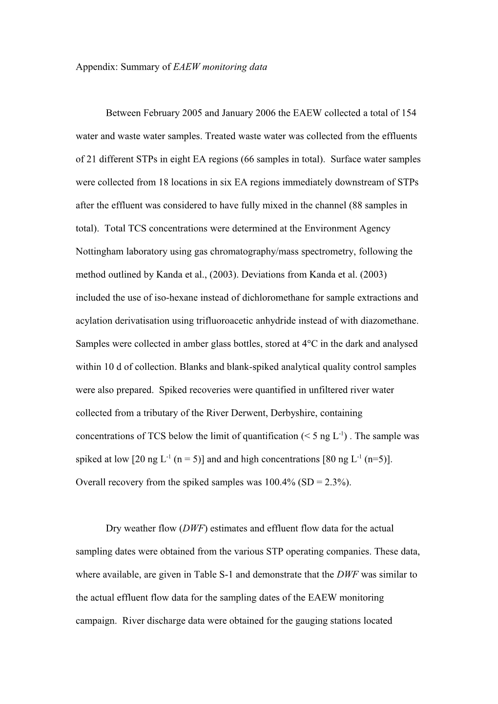 Appendix: Summary of EAEW Monitoring Data