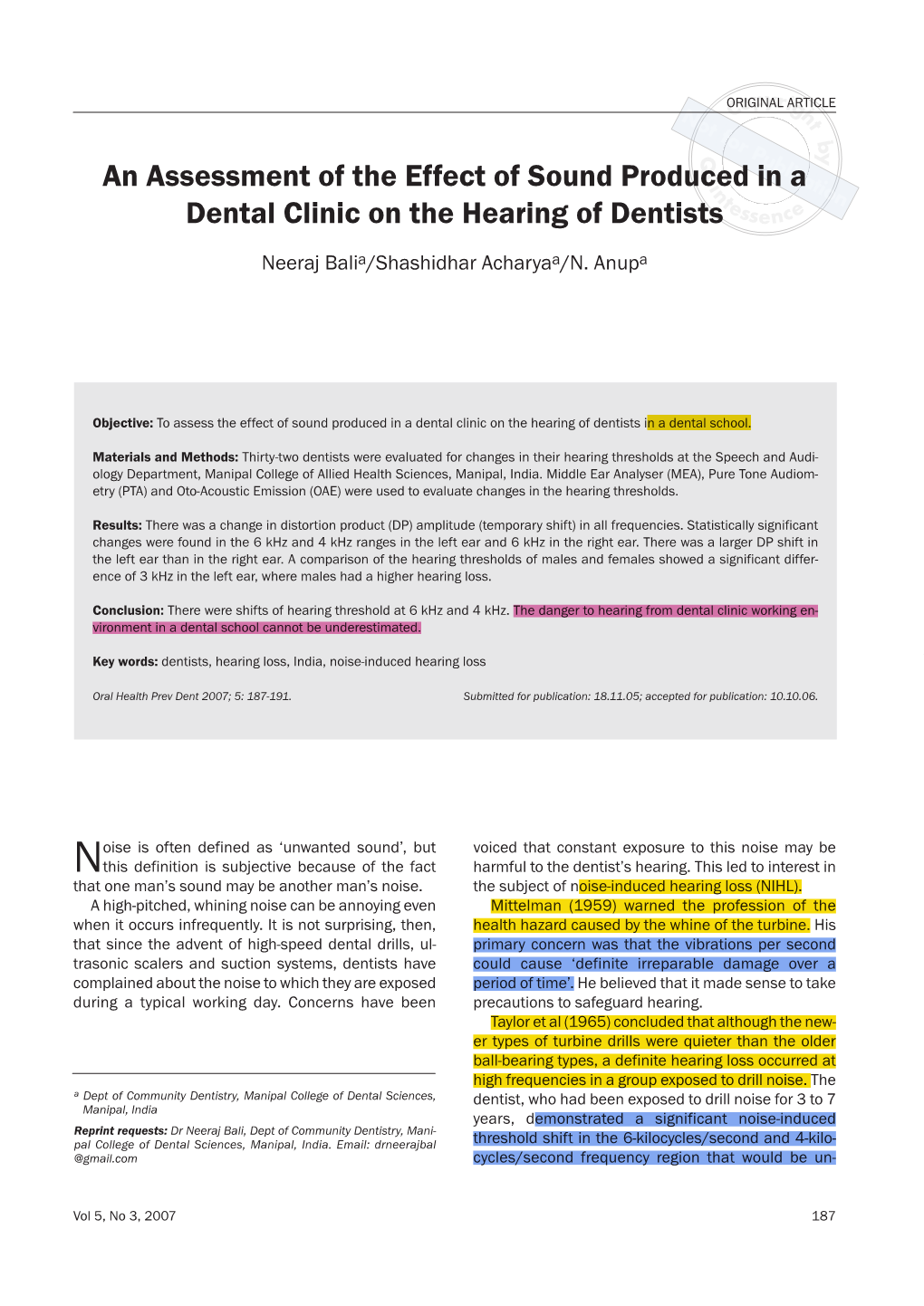 An Assessment of the Effect of Sound Produced in A