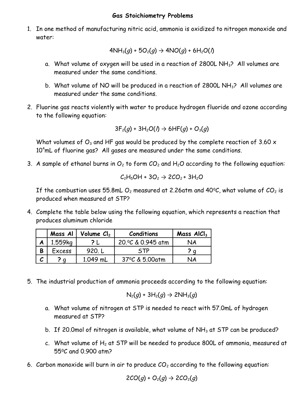 Gas Stoichiometry Problems