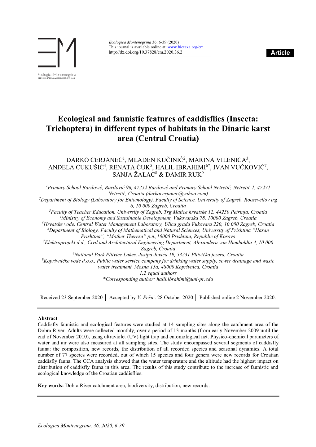 Insecta: Trichoptera) in Different Types of Habitats in the Dinaric Karst Area (Central Croatia)