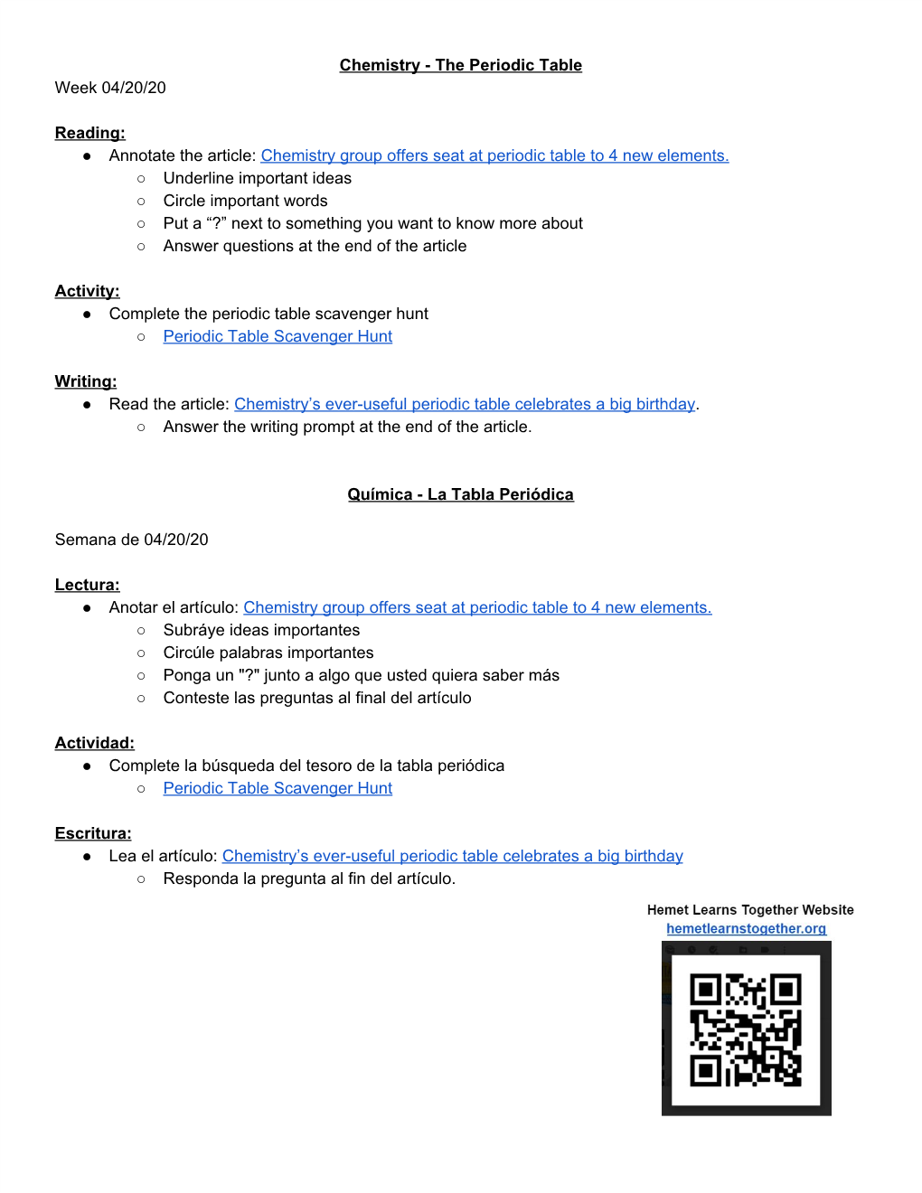 Chemistry - the Periodic Table Week 04/20/20