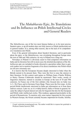 The Mahabharata Epic, Its Translations and Its Influence on Polish Intellectual Circles and General Readers