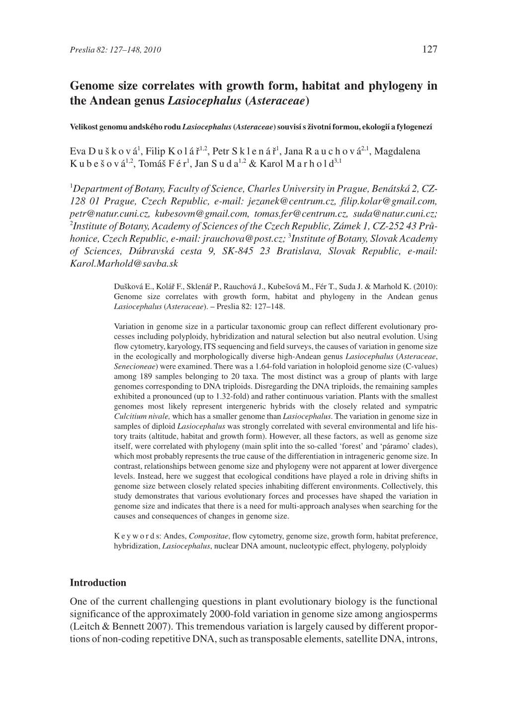 Genome Size Correlates with Growth Form, Habitat and Phylogeny in the Andean Genus Lasiocephalus (Asteraceae)