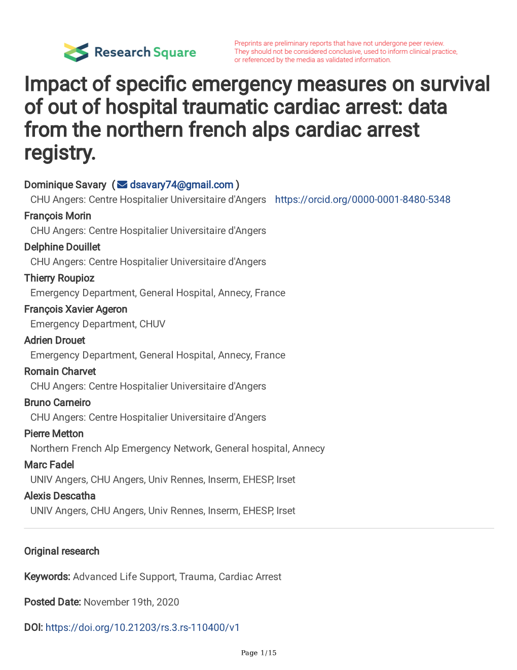 Impact of Speci C Emergency Measures on Survival of out Of