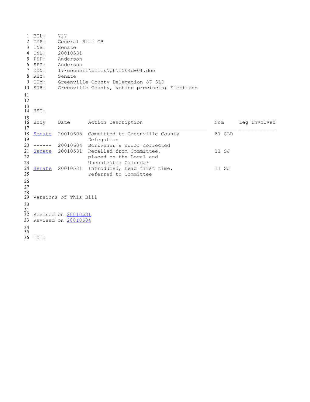 2001-2002 Bill 727: Greenville County, Voting Precincts; Elections - South Carolina Legislature