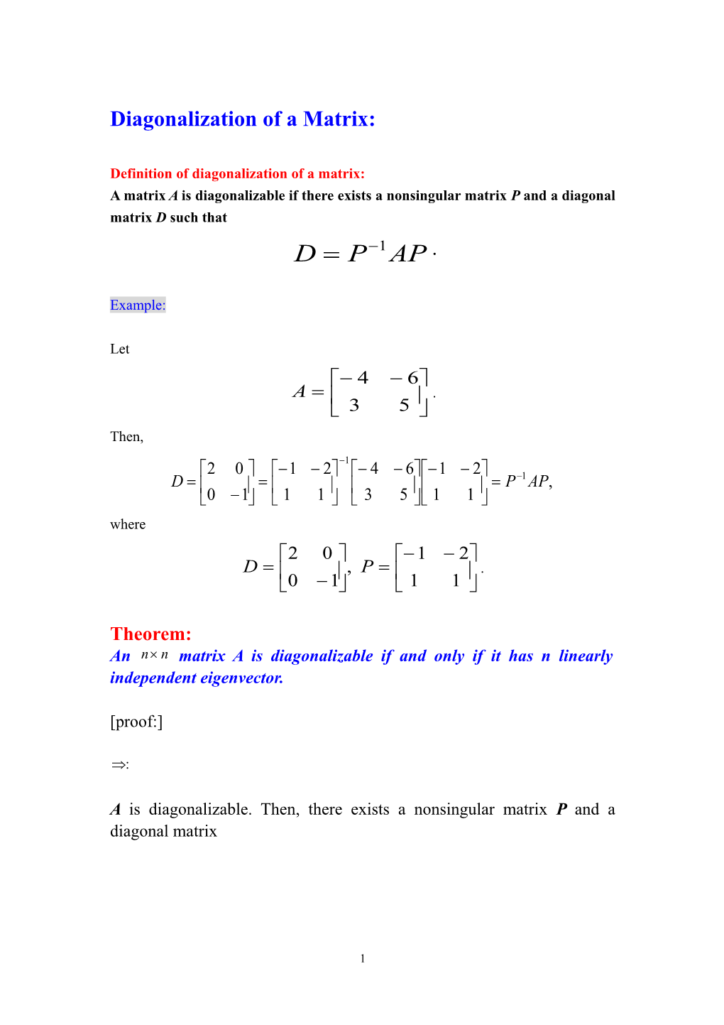 Diagonalization of a Matrix