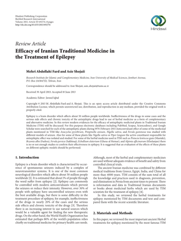 Efficacy of Iranian Traditional Medicine in the Treatment of Epilepsy