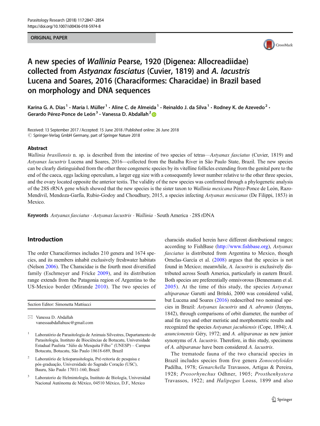 A New Species of Wallinia Pearse, 1920 (Digenea: Allocreadiidae) Collected from Astyanax Fasciatus (Cuvier, 1819) and A