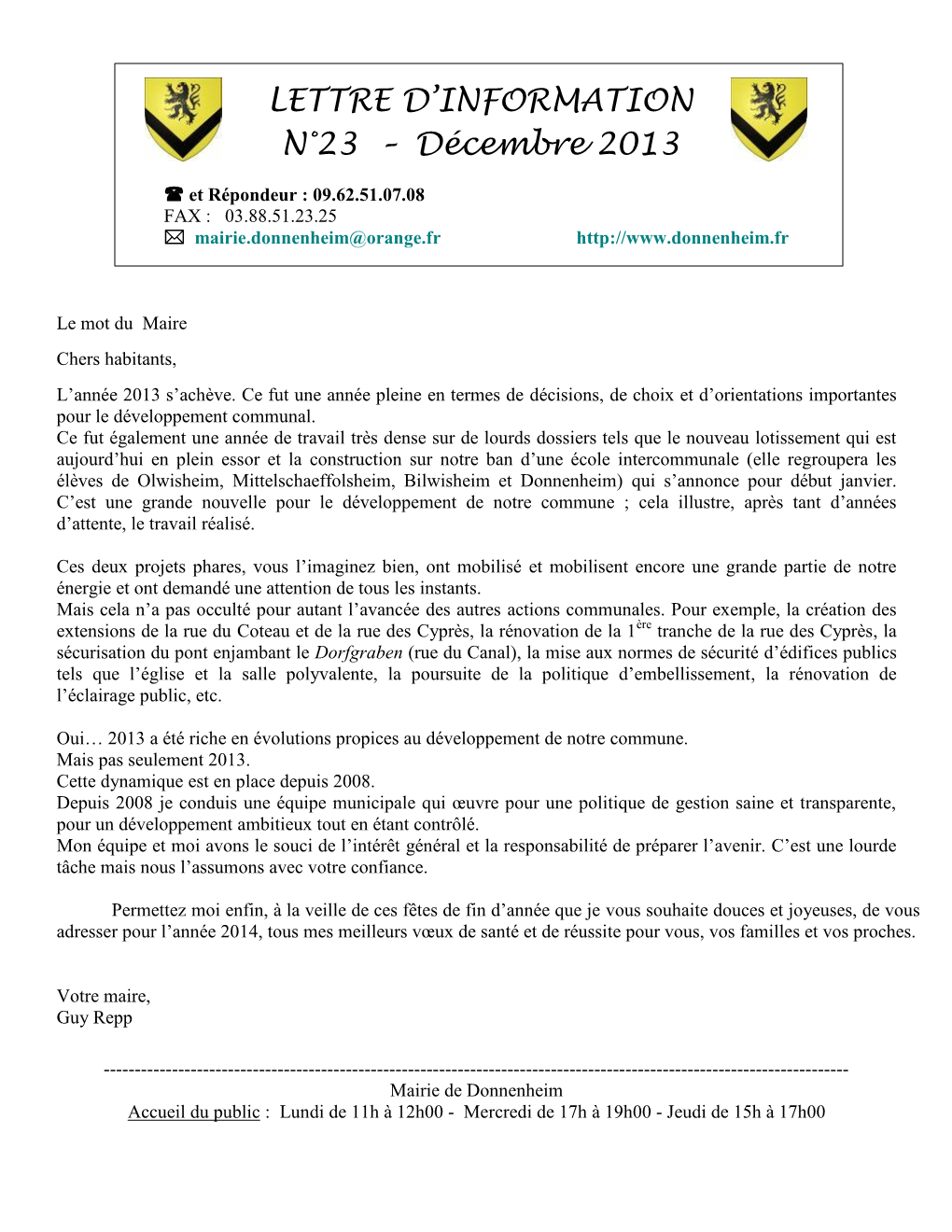 LETTRE D'information N°23 – Décembre 2013