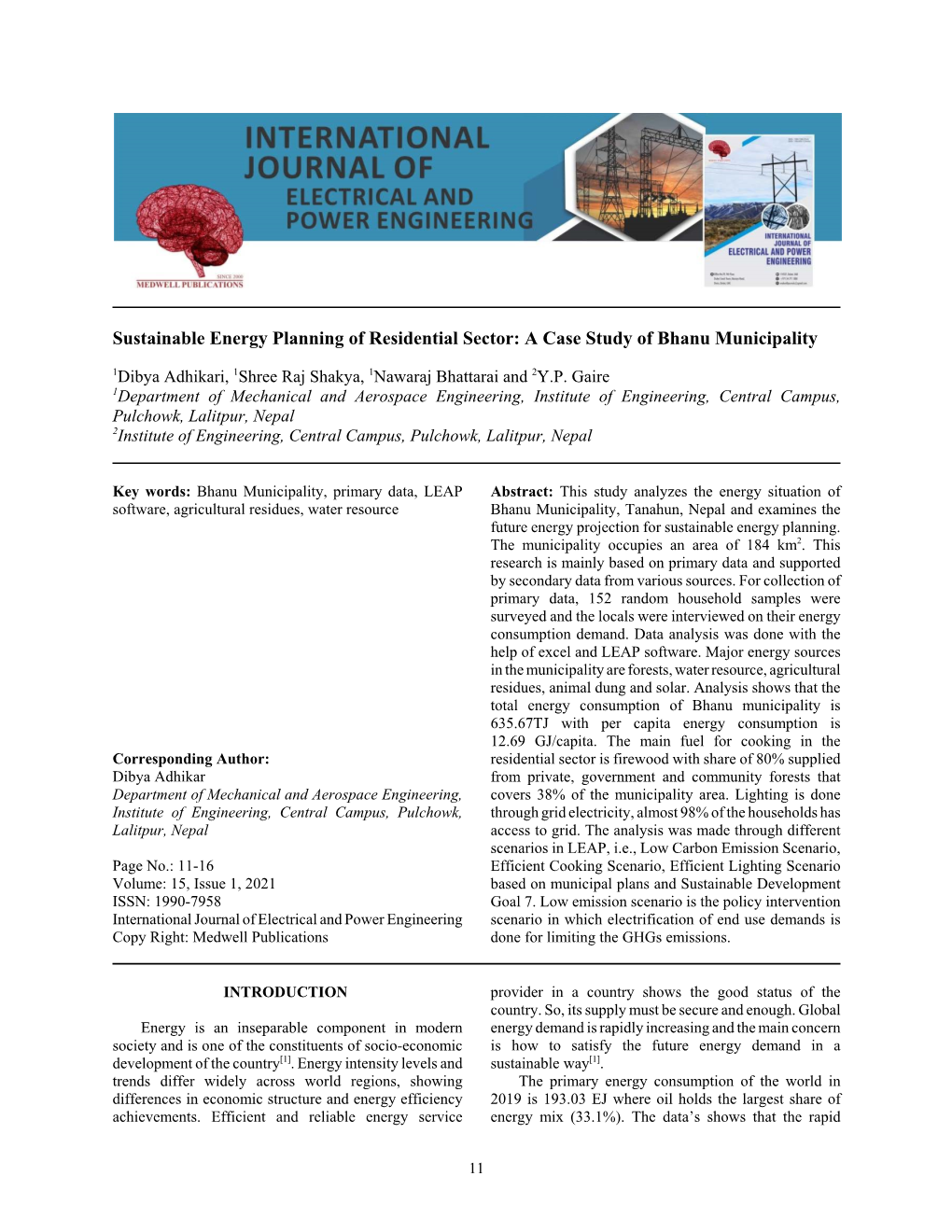 Sustainable Energy Planning of Residential Sector: a Case Study of Bhanu Municipality