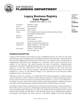 Legacy Business Registry Case Report HEARING DATE: MARCH 21, 2018