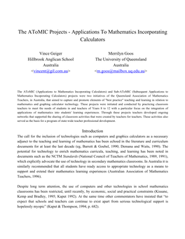 The Atomic Projects - Applications to Mathematics Incorporating Calculators