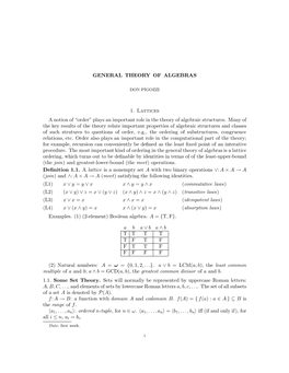 GENERAL THEORY of ALGEBRAS 1. Lattices A