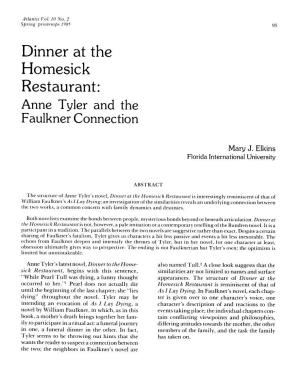 Dinner at the Homesick Restaurant: Anne Tyler and the Faulkner Connection