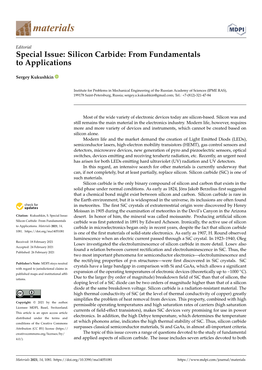 Special Issue: Silicon Carbide: from Fundamentals to Applications