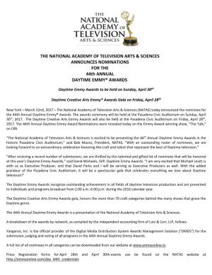 THE NATIONAL ACADEMY of TELEVISION ARTS & SCIENCES ANNOUNCES NOMINATIONS for the 44Th ANNUAL DAYTIME EMMY® AWARDS