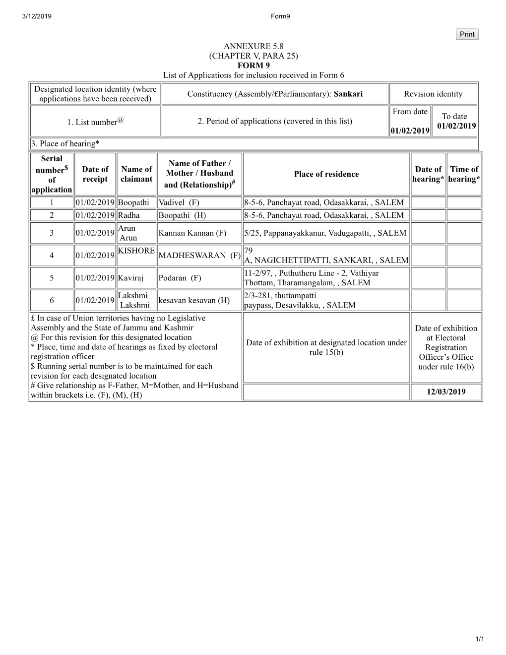 ANNEXURE 5.8 (CHAPTER V, PARA 25) FORM 9 List of Applications For