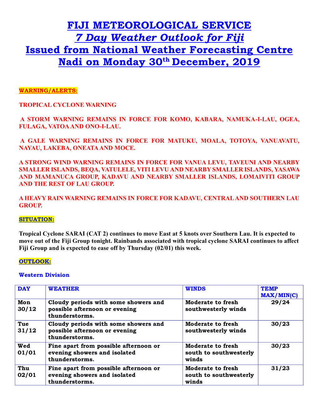 FIJI METEOROLOGICAL SERVICE 7 Day Weather Outlook for Fiji Issued from National Weather Forecasting Centre Nadi on Monday 30Th December, 2019