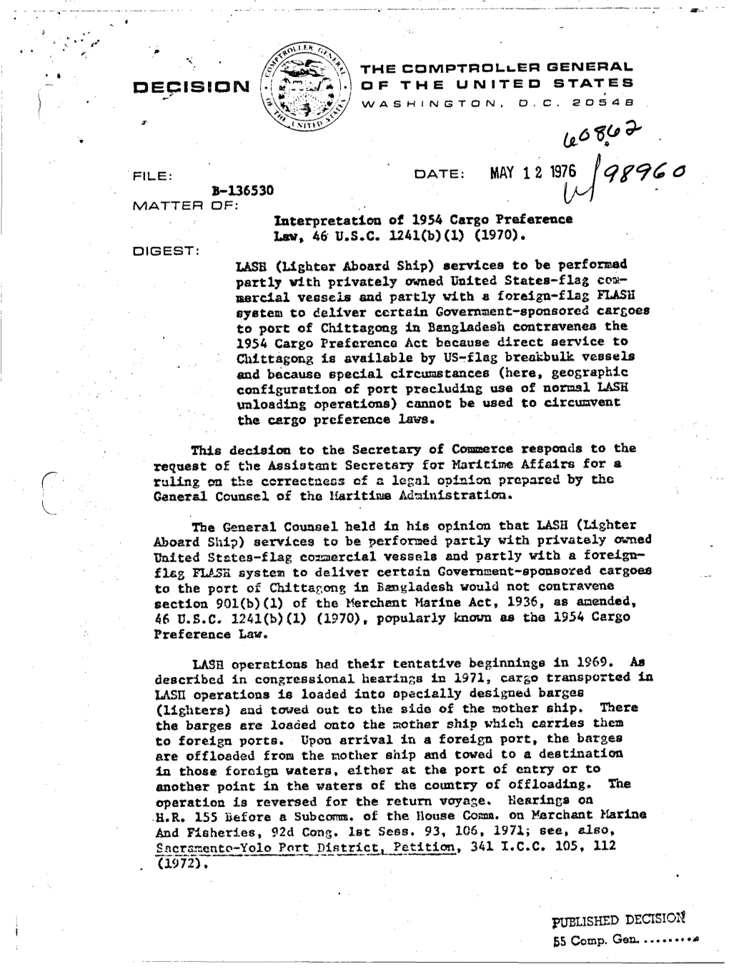 B-136530 Interpretation of 1954 Cargo Preference