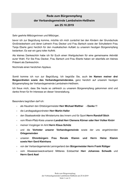 Rede Zum Bürgerempfang Der Verbandsgemeinde Lambsheim-Heßheim Am 25.10.2019