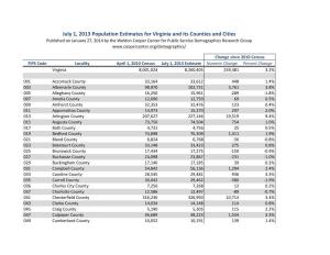 July 1, 2013 Population Estimates for Virginia and Its Counties and Cities