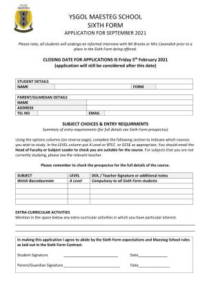 Ysgol Maesteg School Sixth Form Application for September 2021