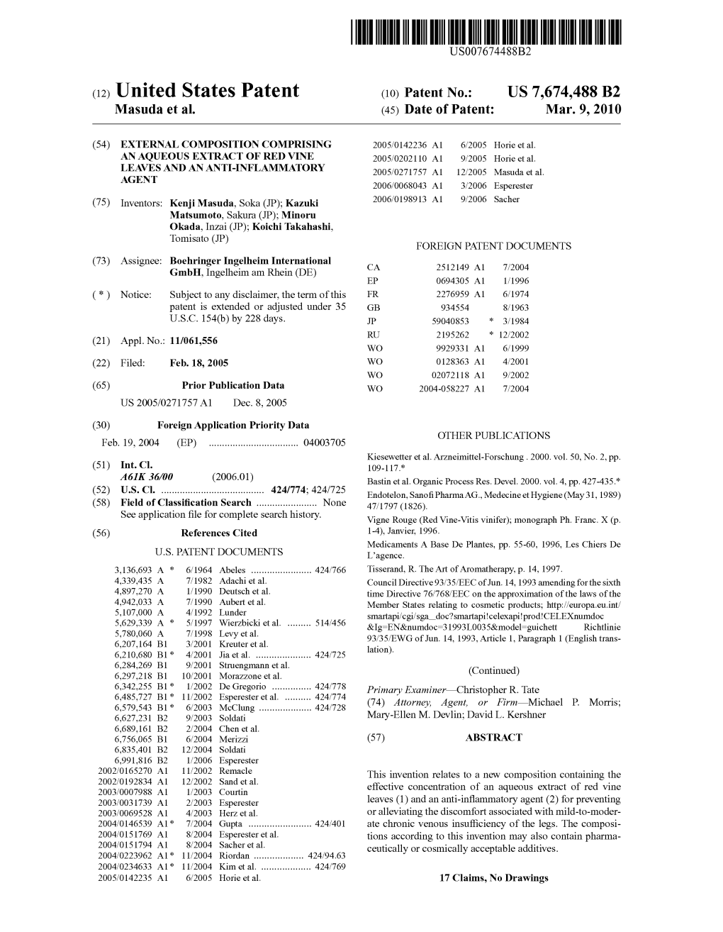 (12) United States Patent (10) Patent No.: US 7,674,488 B2 Masuda Et Al